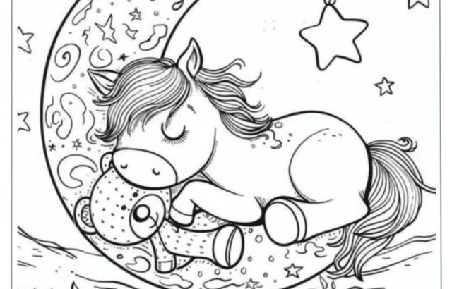 Sleeping unicorn on crescent moon with stars