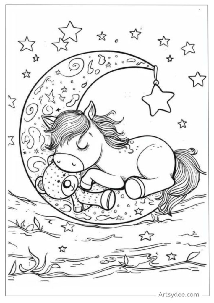 Sleeping unicorn on crescent moon with stars