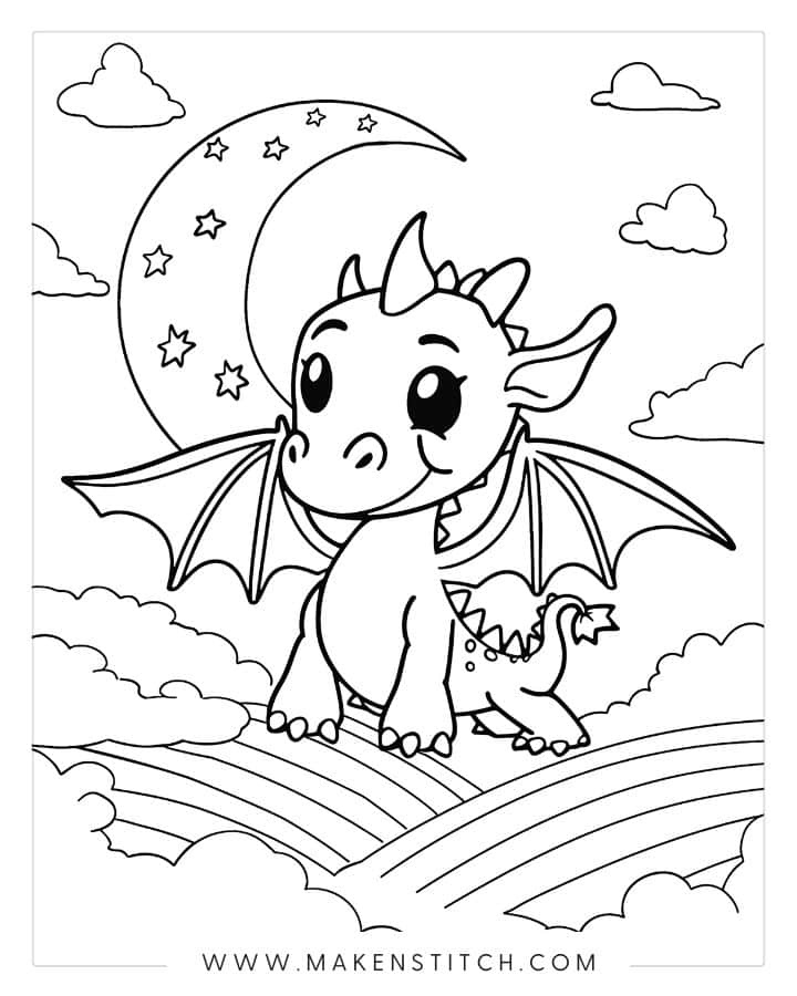 Cartoon baby dragon on clouds under crescent moon