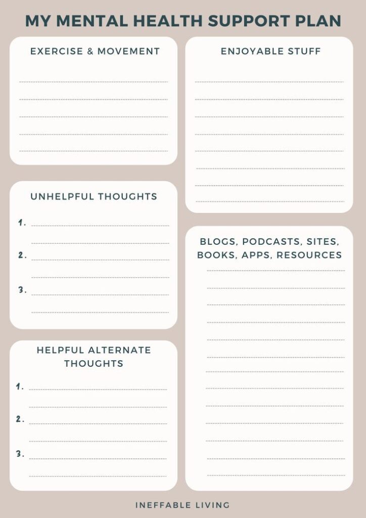 Mental health support plan worksheet with blank sections