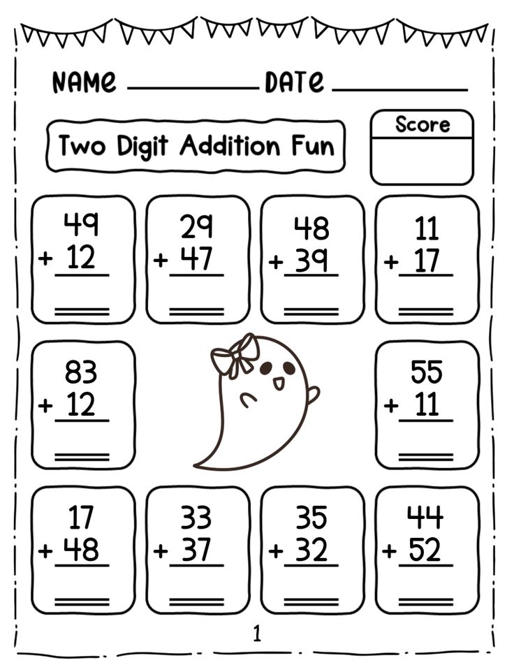 Two-digit addition worksheet with ghost illustration