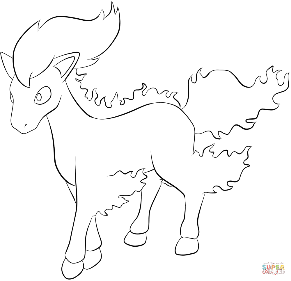 Line drawing of a unicorn-like horse with flames
