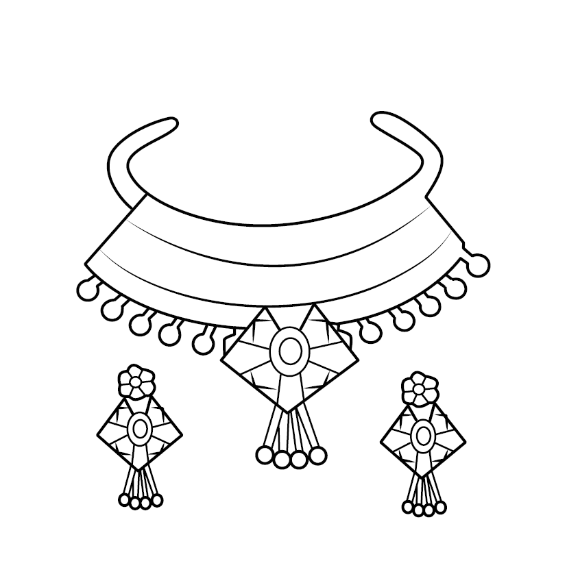 Black-and-white necklace and earring outline drawing