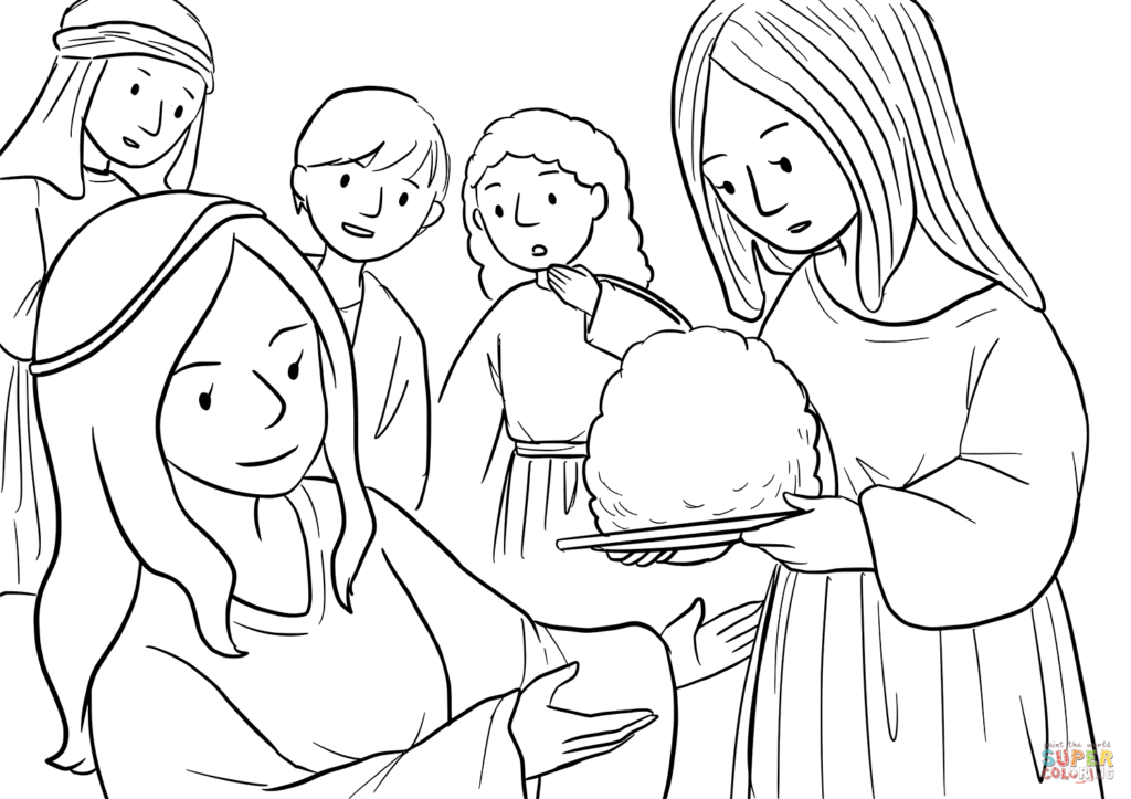 Line drawing of women and children gathered around bread