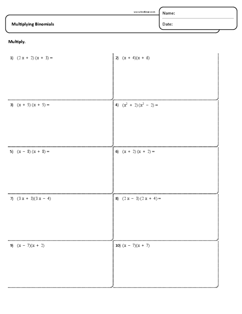 Math worksheet titled “Multiplying Binomials” with ten problems