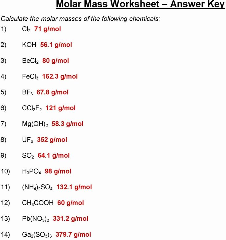 Molar mass worksheet answer key with chemical formulas and values