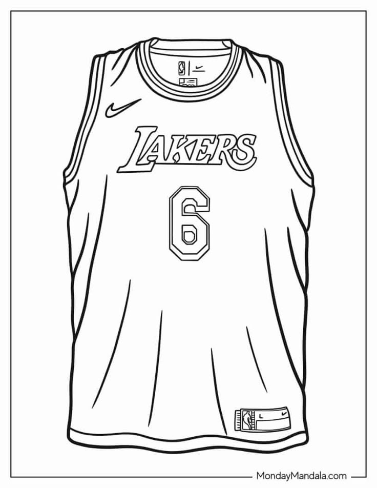 Black-and-white drawing of Lakers basketball jersey, number 6