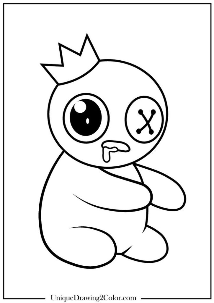 Cartoon baby with crown, one big eye, stitched eye, drooling