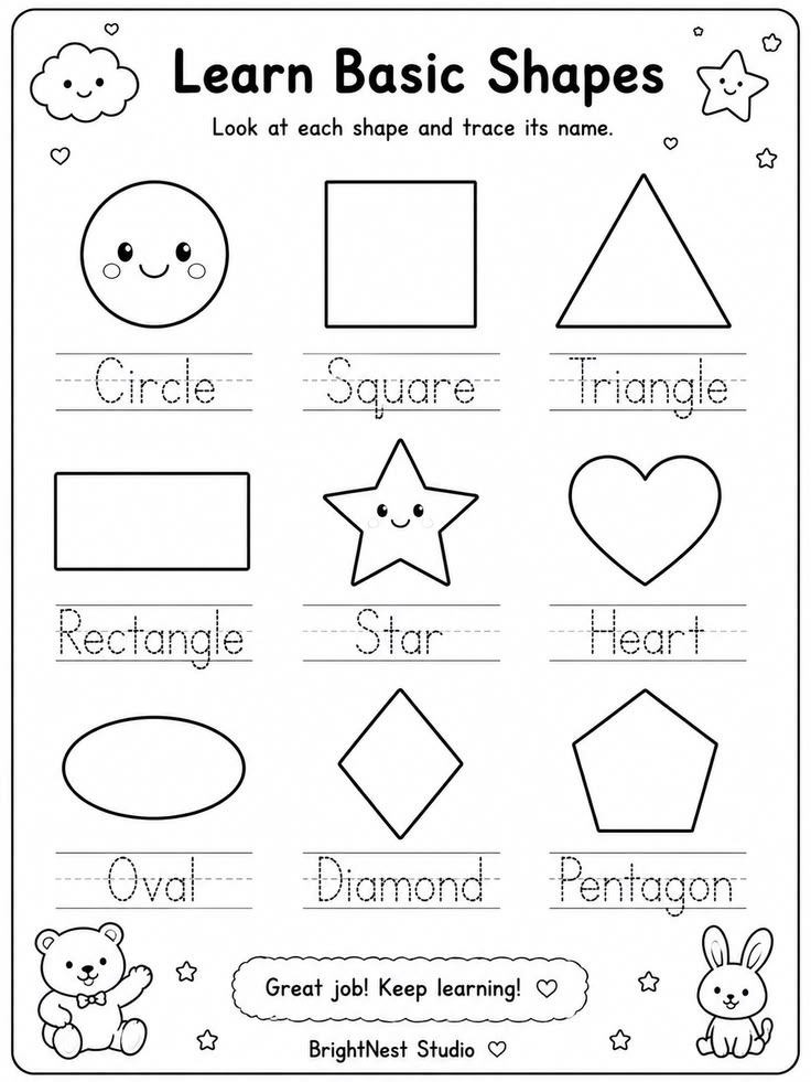 Kids shapes tracing worksheet with labeled geometric shapes and cartoons