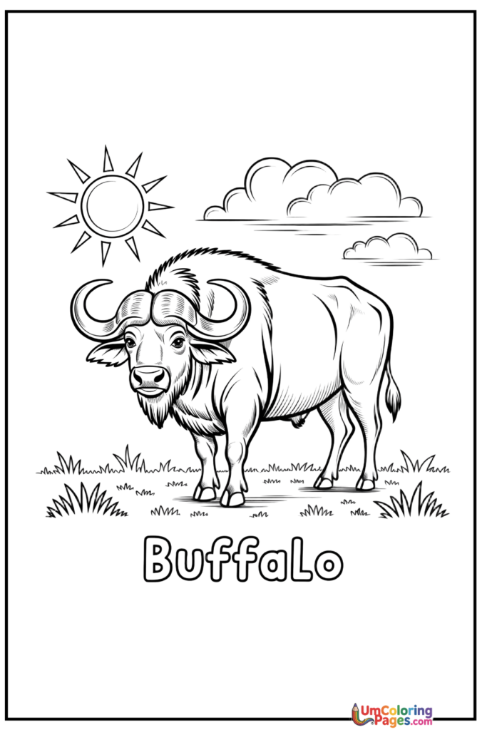 Black-and-white buffalo drawing with sun, clouds, grass, and text