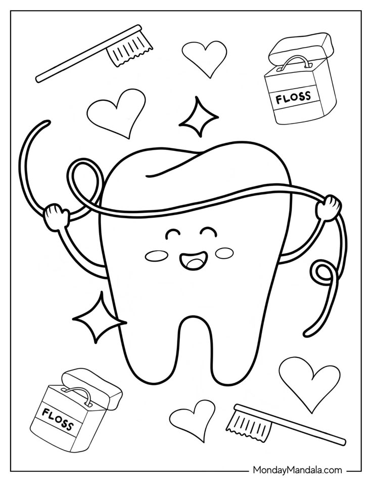 Cartoon tooth holding floss, with toothbrushes and hearts