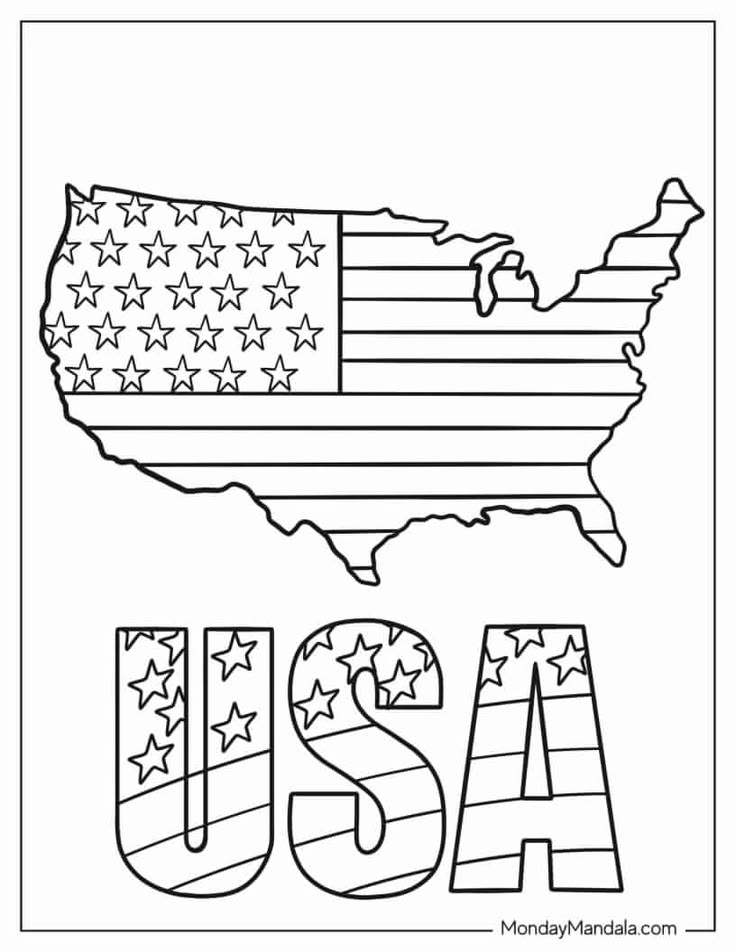 USA map and letters filled with American flag pattern