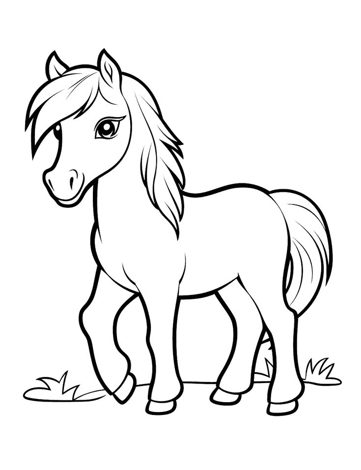 Black-and-white cartoon horse standing on grass