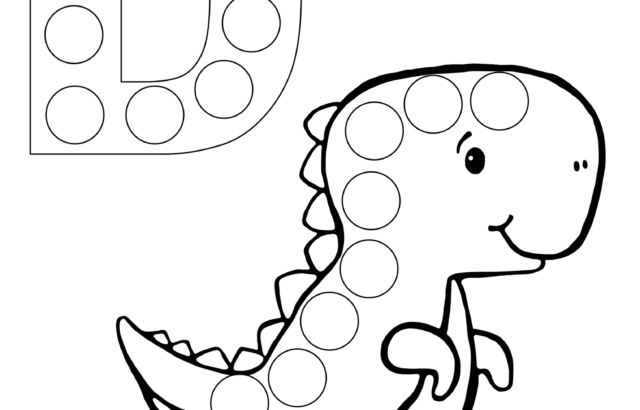 Dinosaur-themed letter D dot worksheet with cartoon dinosaur