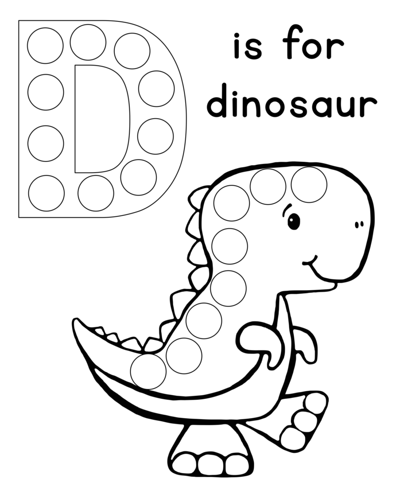 Dinosaur-themed letter D dot worksheet with cartoon dinosaur