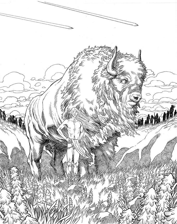 A giant bison with a man standing beside it