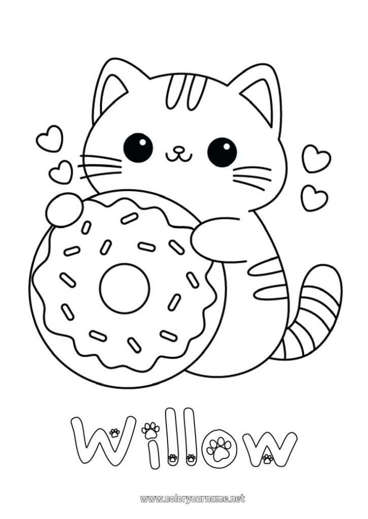 Cute cat holding a sprinkled donut, with hearts and name below