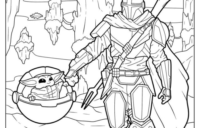 Mandalorian and Grogu in floating rocky landscape coloring page