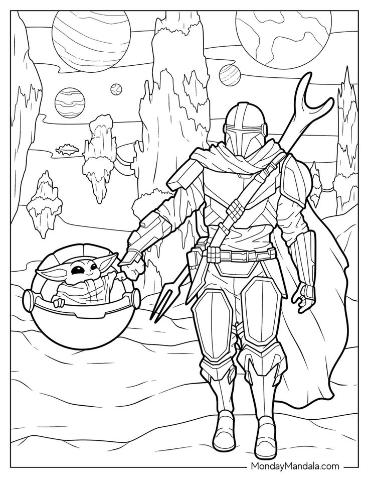 Mandalorian and Grogu in floating rocky landscape coloring page