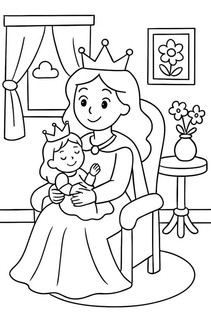 Princess holding crowned child in chair, room interior