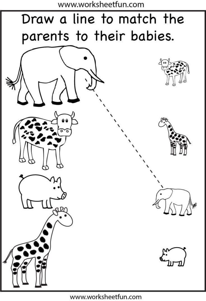 Animal matching worksheet with parents and babies.
