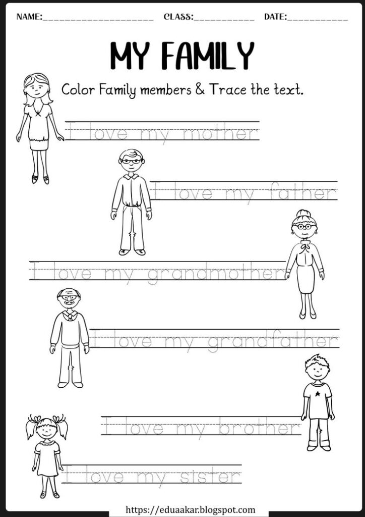 Family worksheet with traced labels and cartoon people