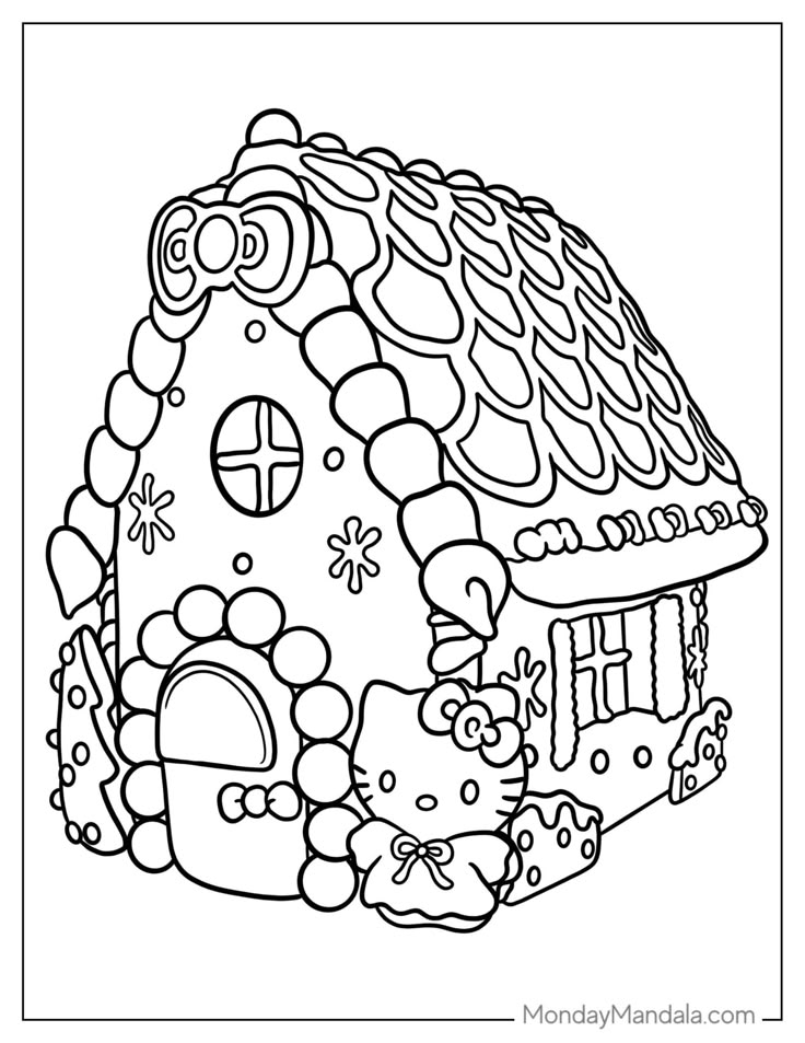 Gingerbread house coloring page with Hello Kitty