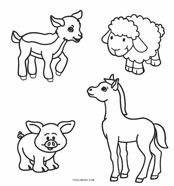 Simple black-and-white farm animal line drawings on white background