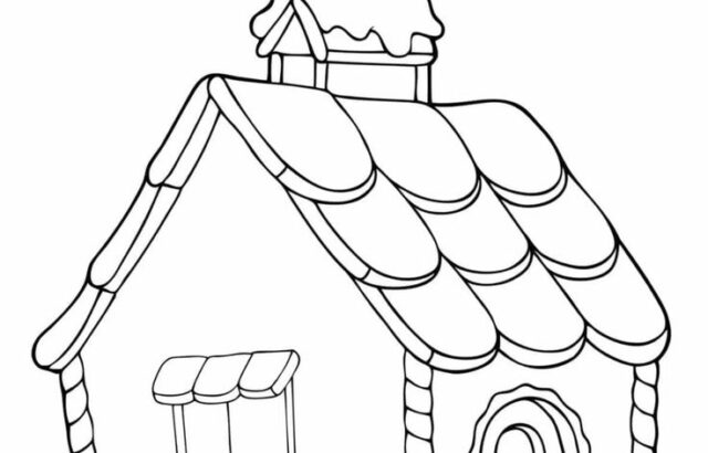 Gingerbread house coloring page with text instructions