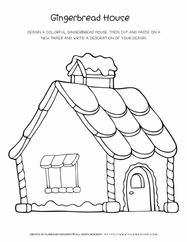 Gingerbread house coloring page with text instructions