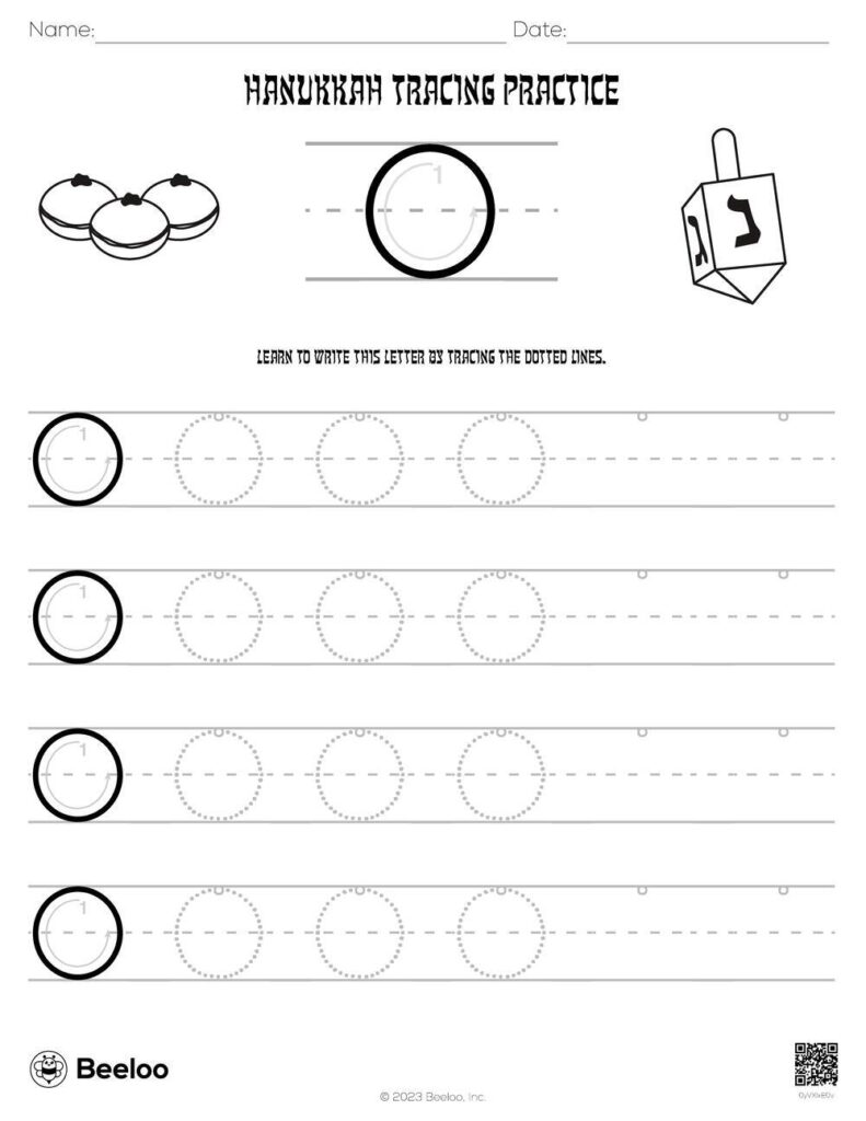 Hanukkah tracing practice worksheet with circles and dreidel