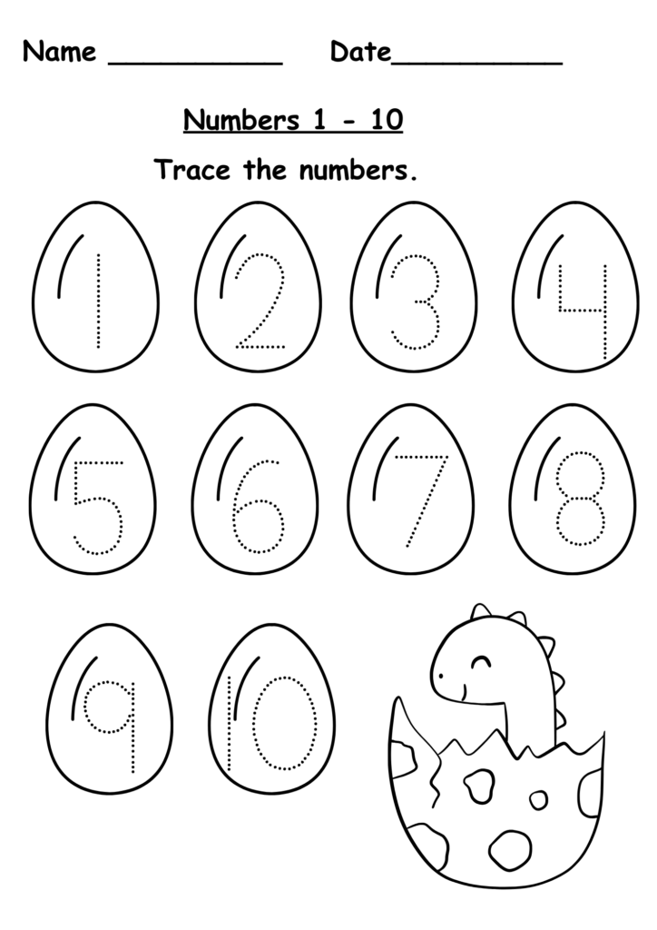 Numbers tracing worksheet with eggs and dinosaur