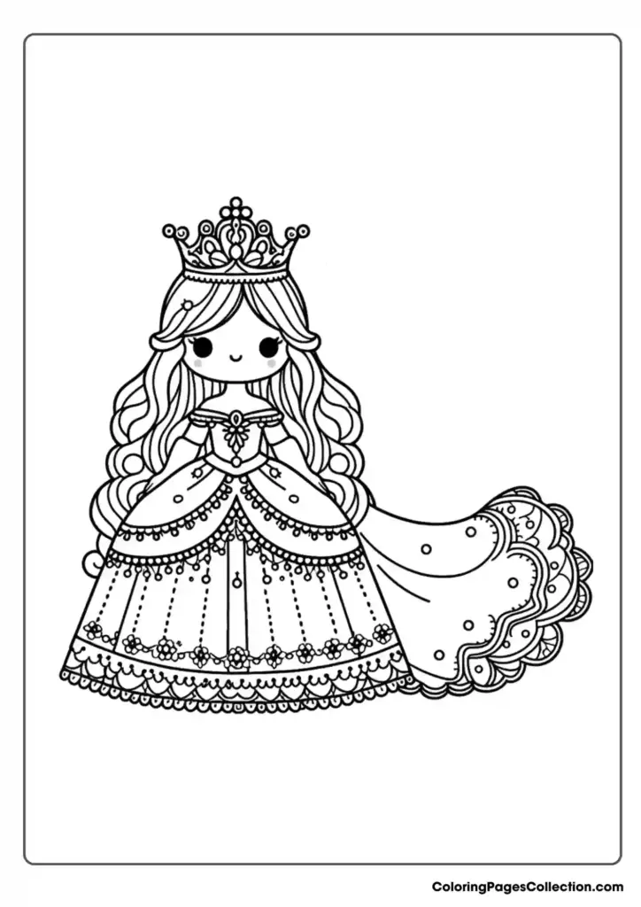 Princess coloring page with ornate gown and crown
