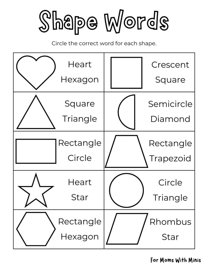 Shape words worksheet with geometric outlines and labels