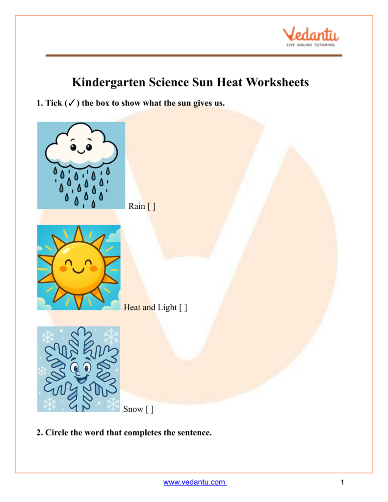 Kindergarten science worksheet with rain, sun, and snow images
