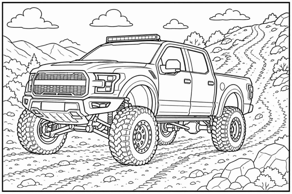 Off-road pickup truck on rocky mountain trail
