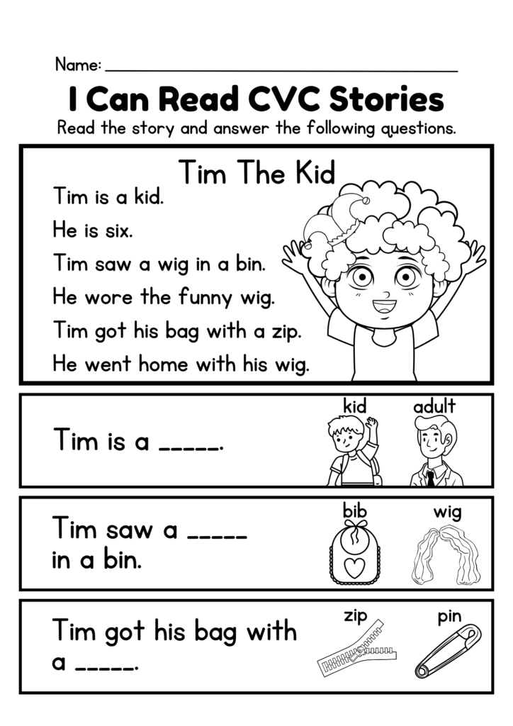 Children’s phonics worksheet about Tim the Kid and wig