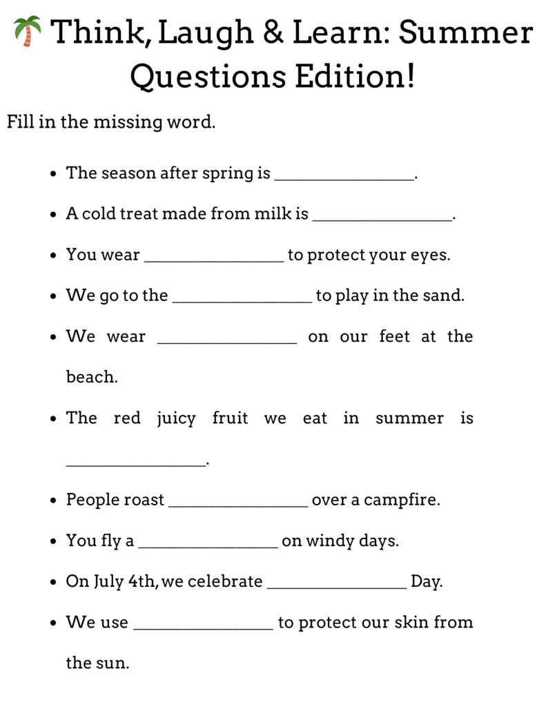 Summer fill-in-the-blank worksheet with bullet points