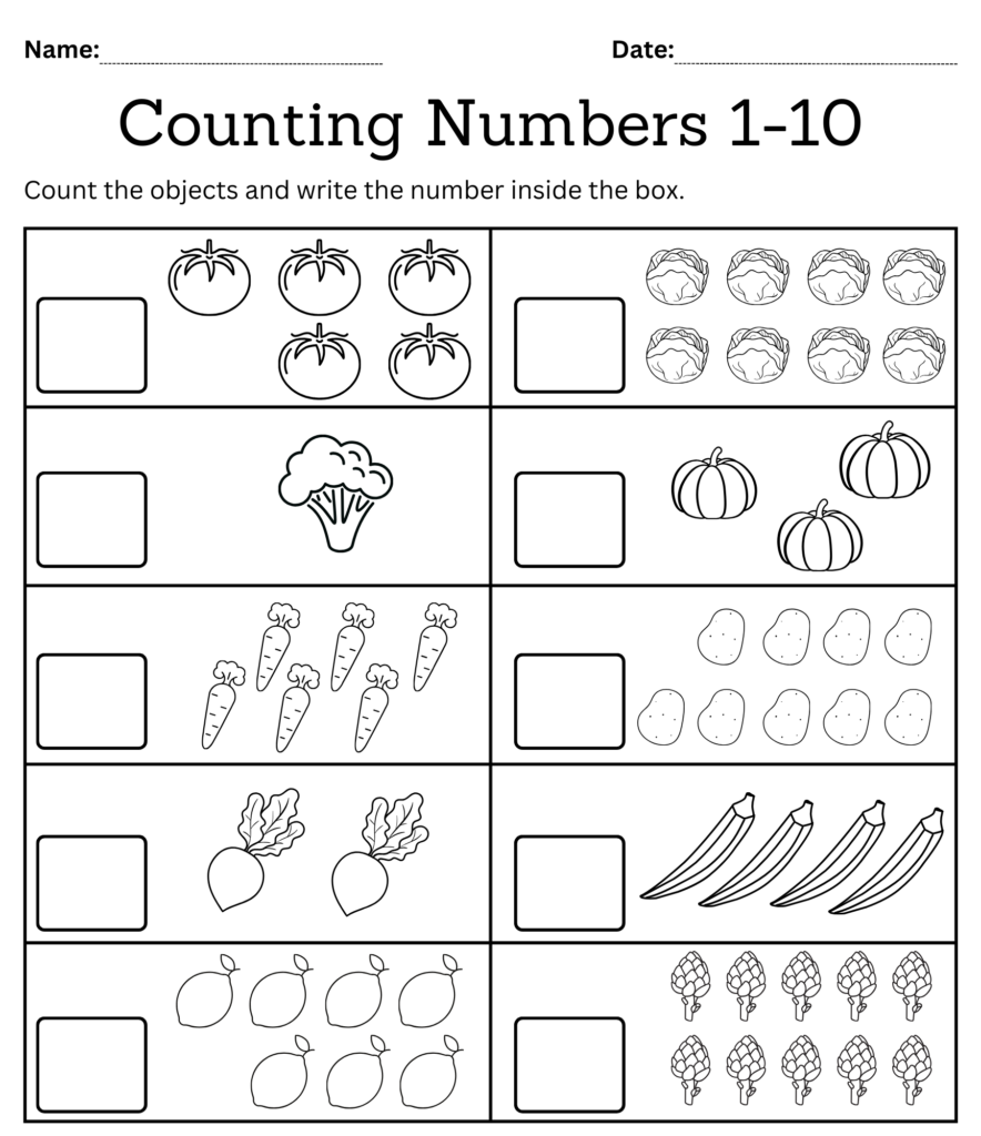 Black-and-white counting worksheet with vegetables and blank boxes