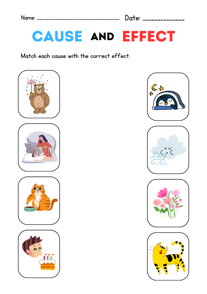 Cause and effect worksheet with cartoon picture pairs