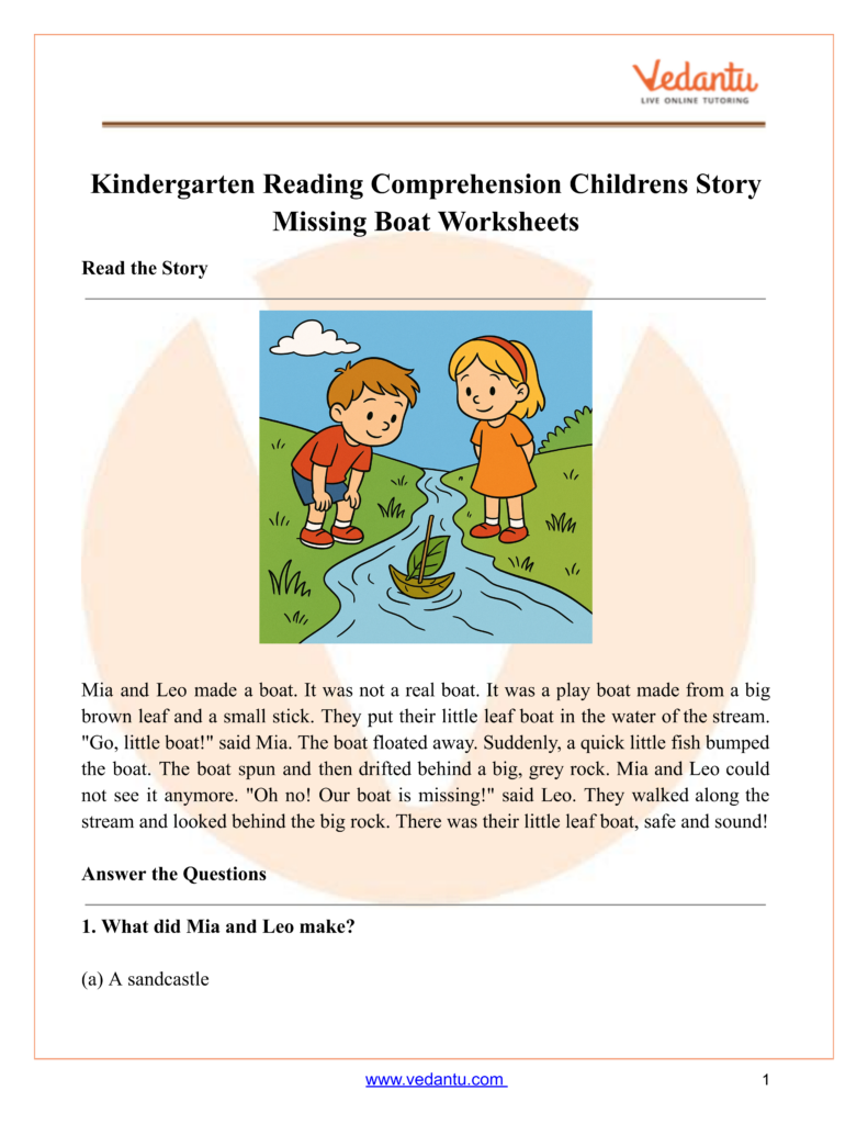 Kindergarten reading worksheet with cartoon children and stream boat