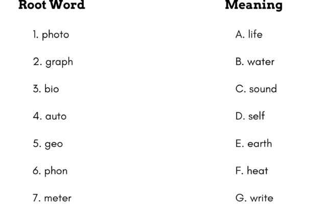 Latin and Greek roots worksheet with matching words and meanings