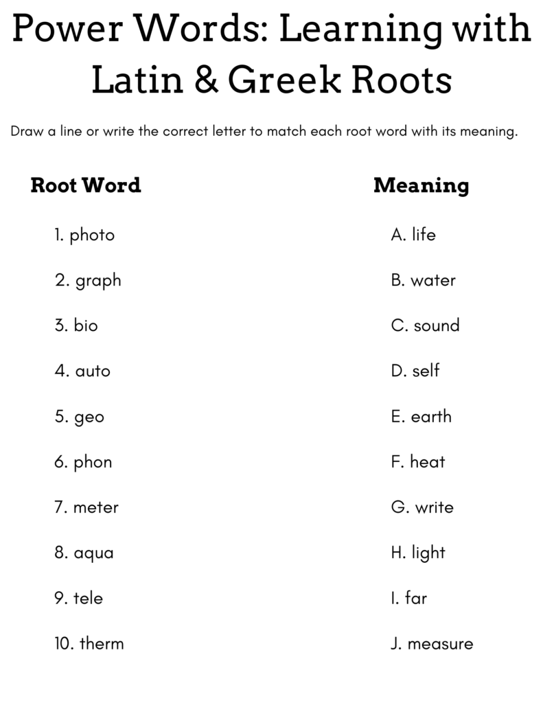 Latin and Greek roots worksheet with matching words and meanings