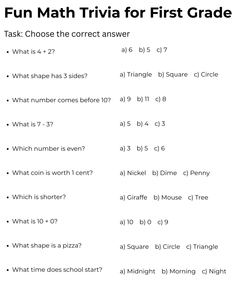 First grade math trivia worksheet with questions and answers
