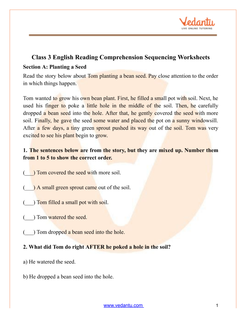 Class 3 reading comprehension worksheet about planting a seed