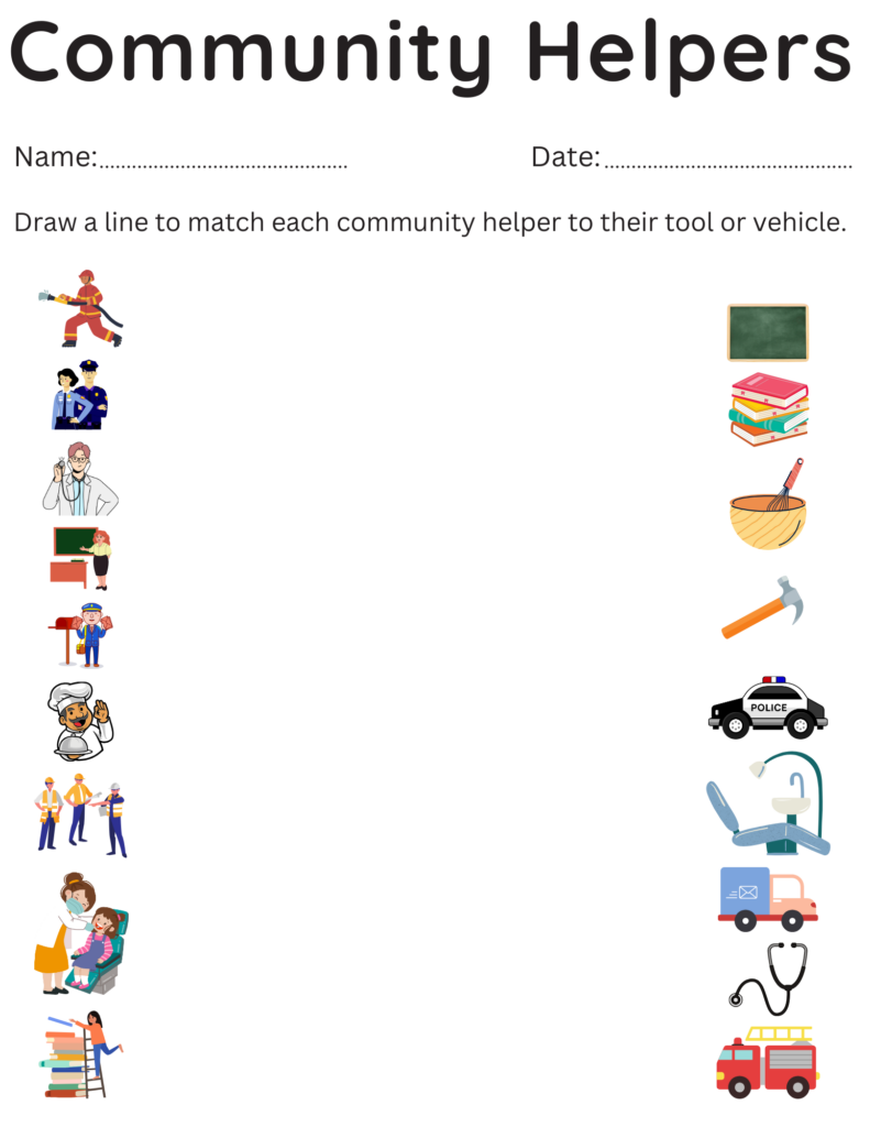 Community helpers matching worksheet with pictures and tools