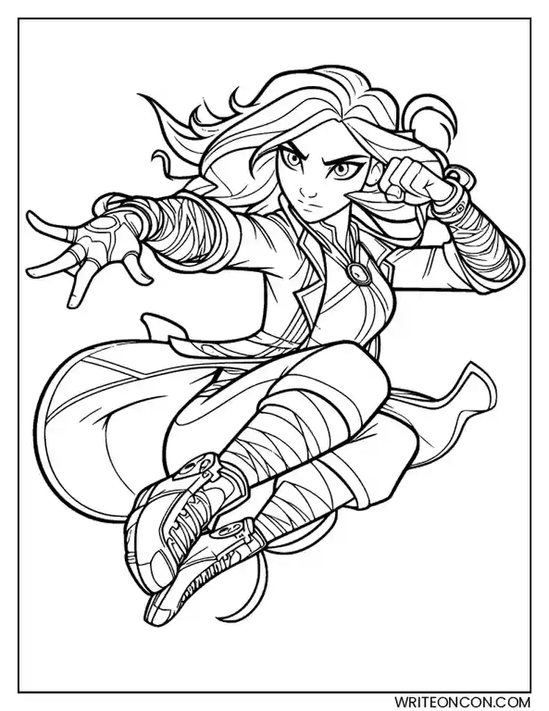 Line art of a crouching warrior woman in action pose