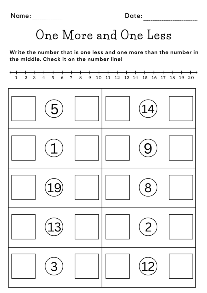 One More and One Less worksheet with number line and blanks