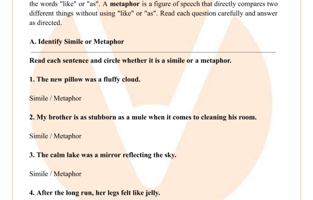 English vocabulary worksheet on similes and metaphors