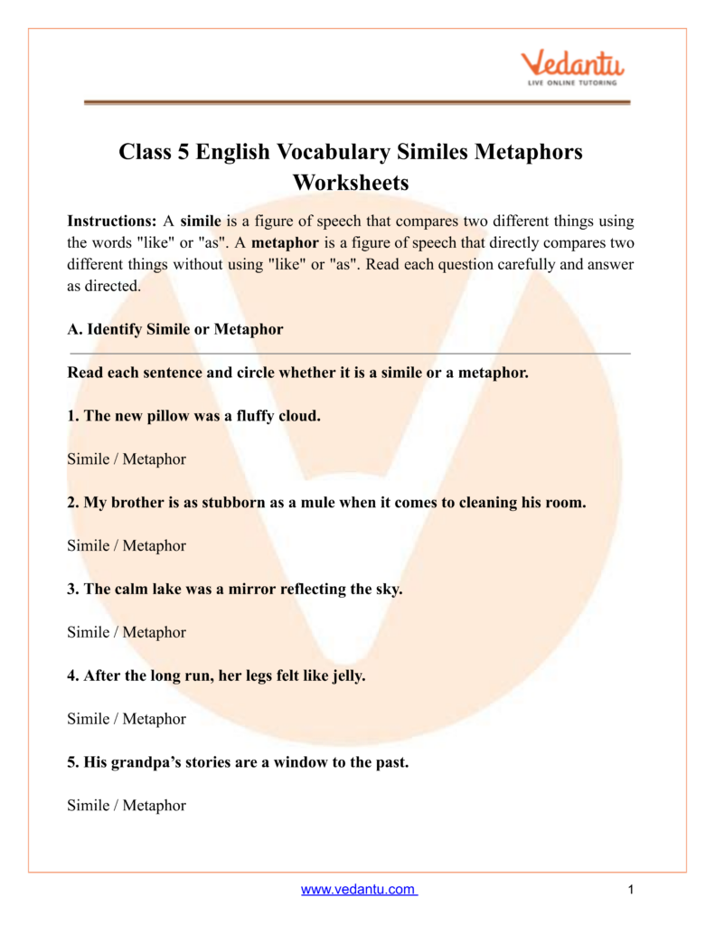 English vocabulary worksheet on similes and metaphors